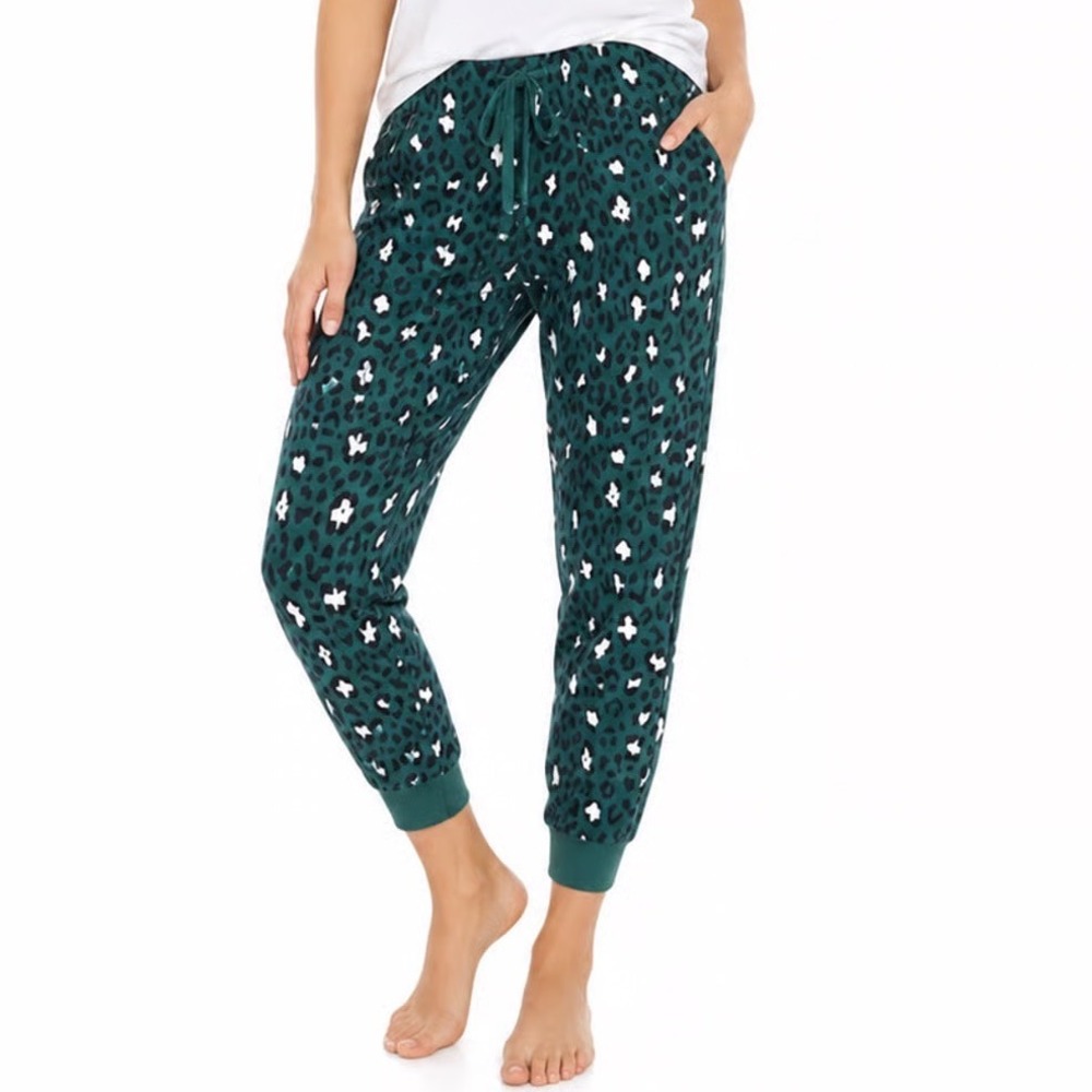 Jenni Intimates Womens Green Leopard Print Cotton Pajama Jogger Pants Size M